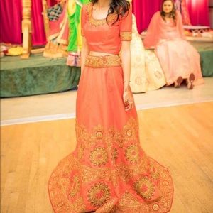 Petite orange/gold lehenga choli with red dupatta